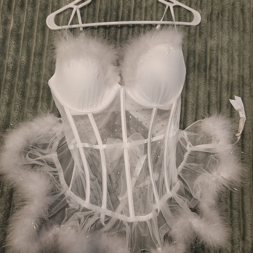 Victoria's Secret White Chemise with Feather Trim